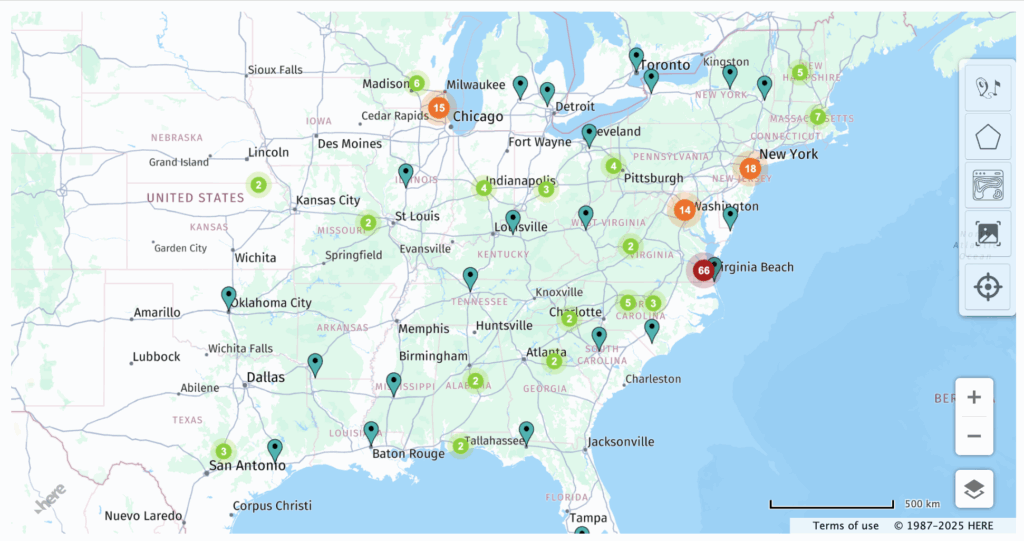 map of Eastern U.S. with many points of interest
