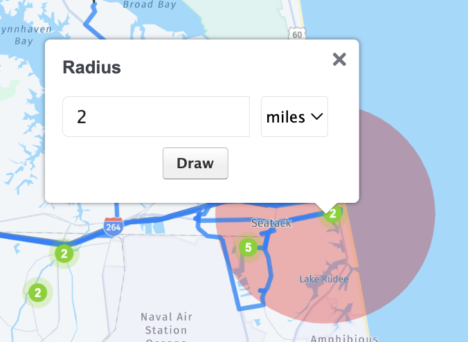 map with point of interest surrounded by defined radius